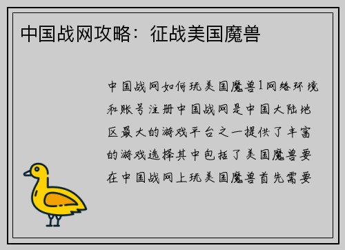 中国战网攻略：征战美国魔兽